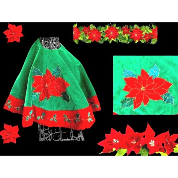VTG Poinsettia Christmas Tree Skirt Red Green Holly Embroidered Flower L… - Picture 6 of 12